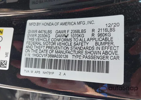 2021 Honda Accord Sport from USA, damaged, VIN 1HGCV1F36MA030126